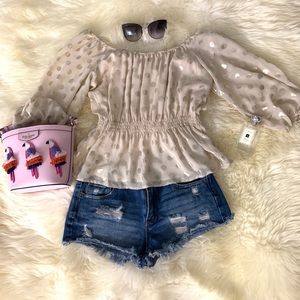 Nude And Gold Polka Dot blouse.